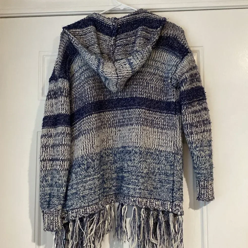 American Eagle Shades of Blue Fringe Knit Hooded Open Sweater Shrug Size L/XL